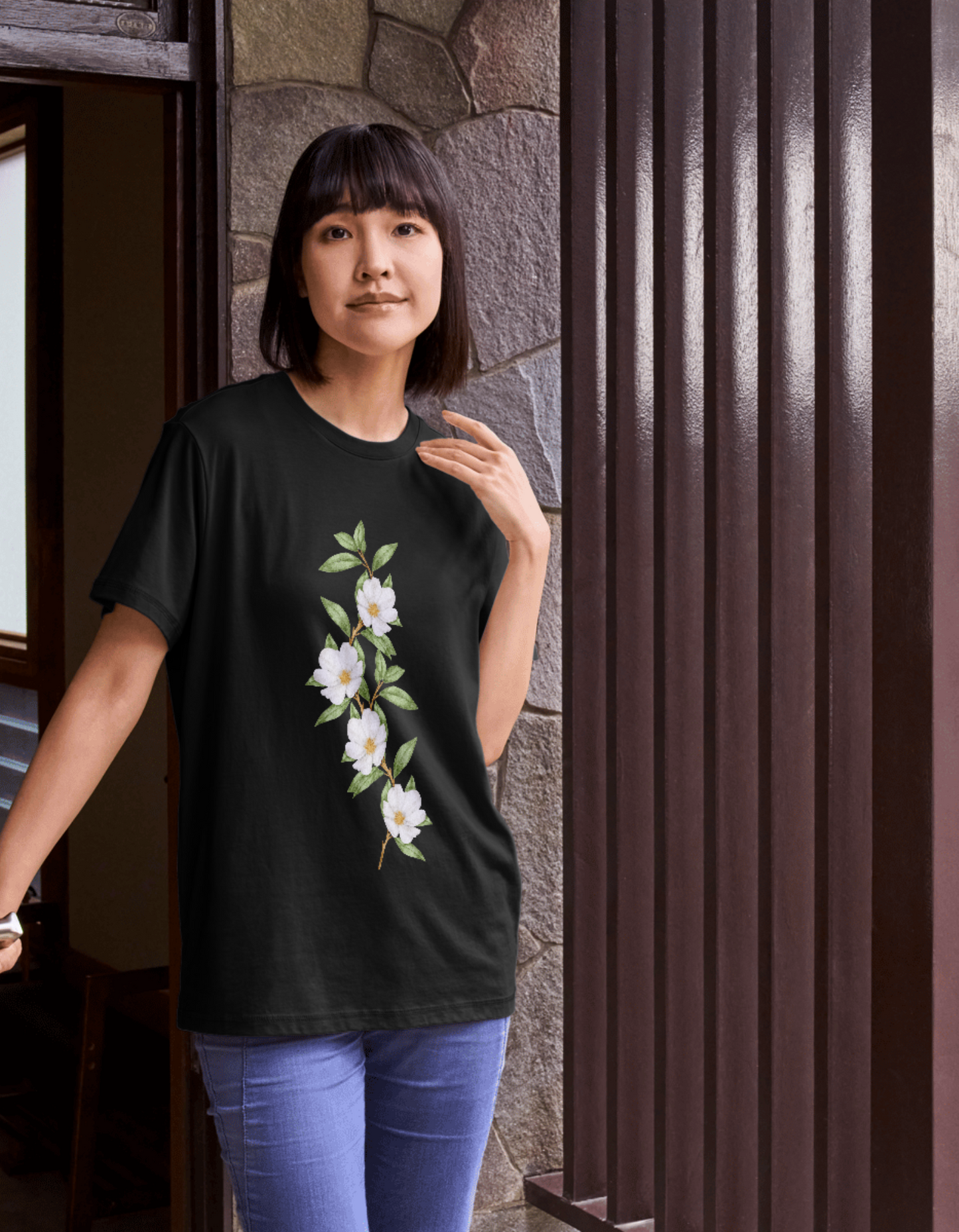 Women Cotton T-Shirt - White flower Art
