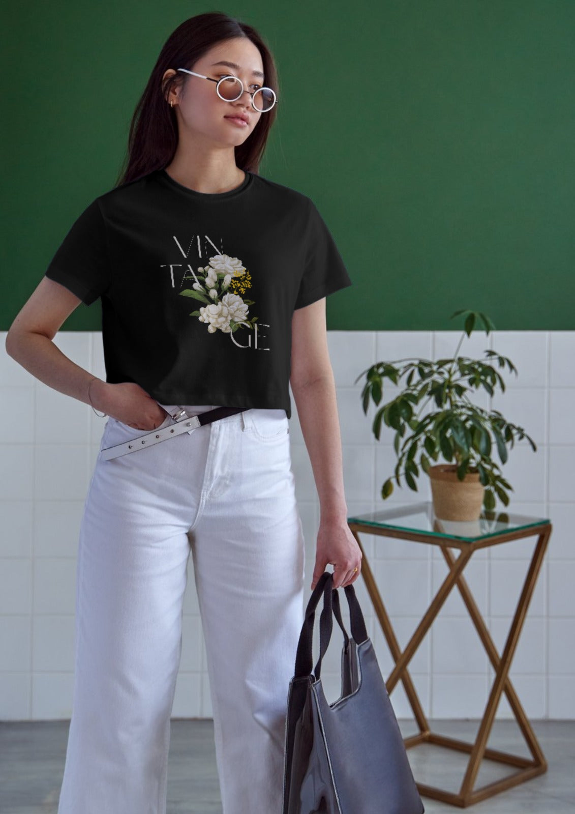 Women Cotton T-Shirt - Vintage White flower