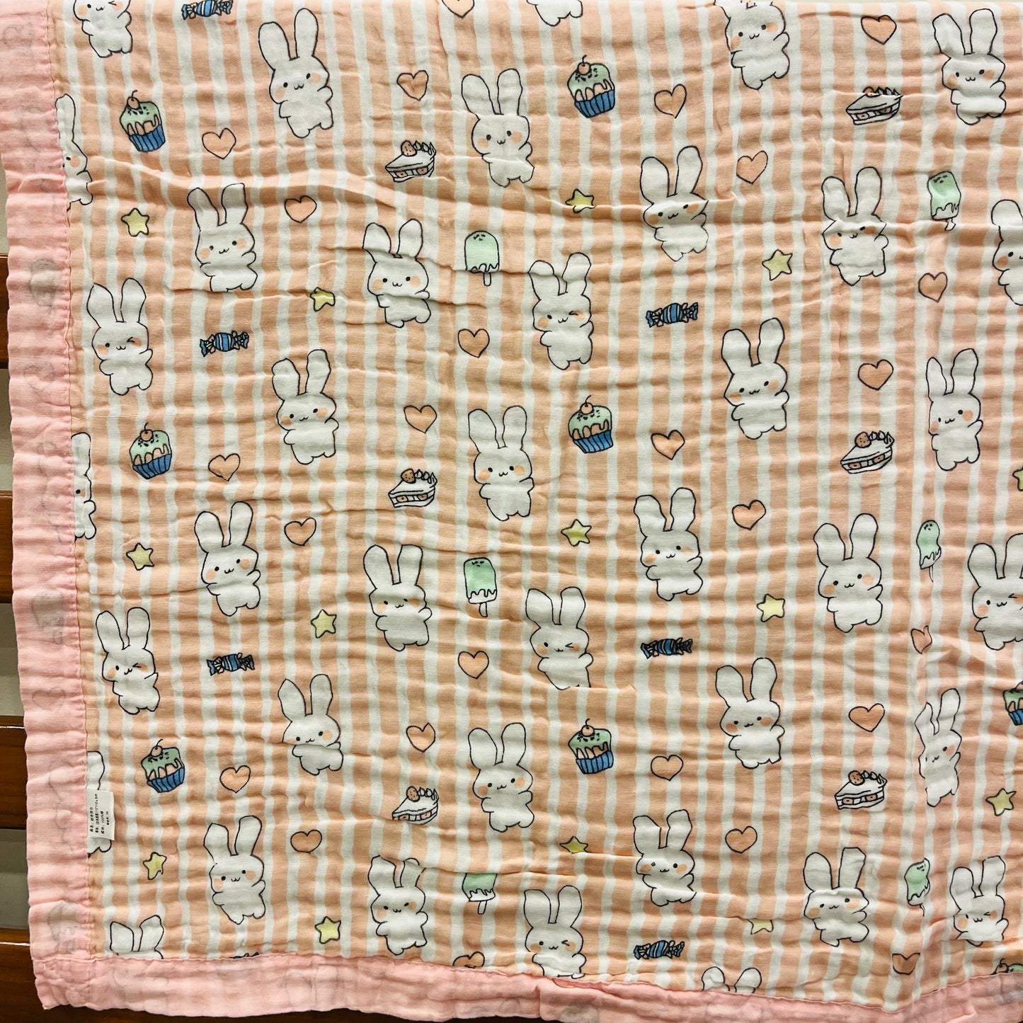 Baby Blanket | Organic Muslin Cotton - 6 -Layered | Pink Striped Bunny
