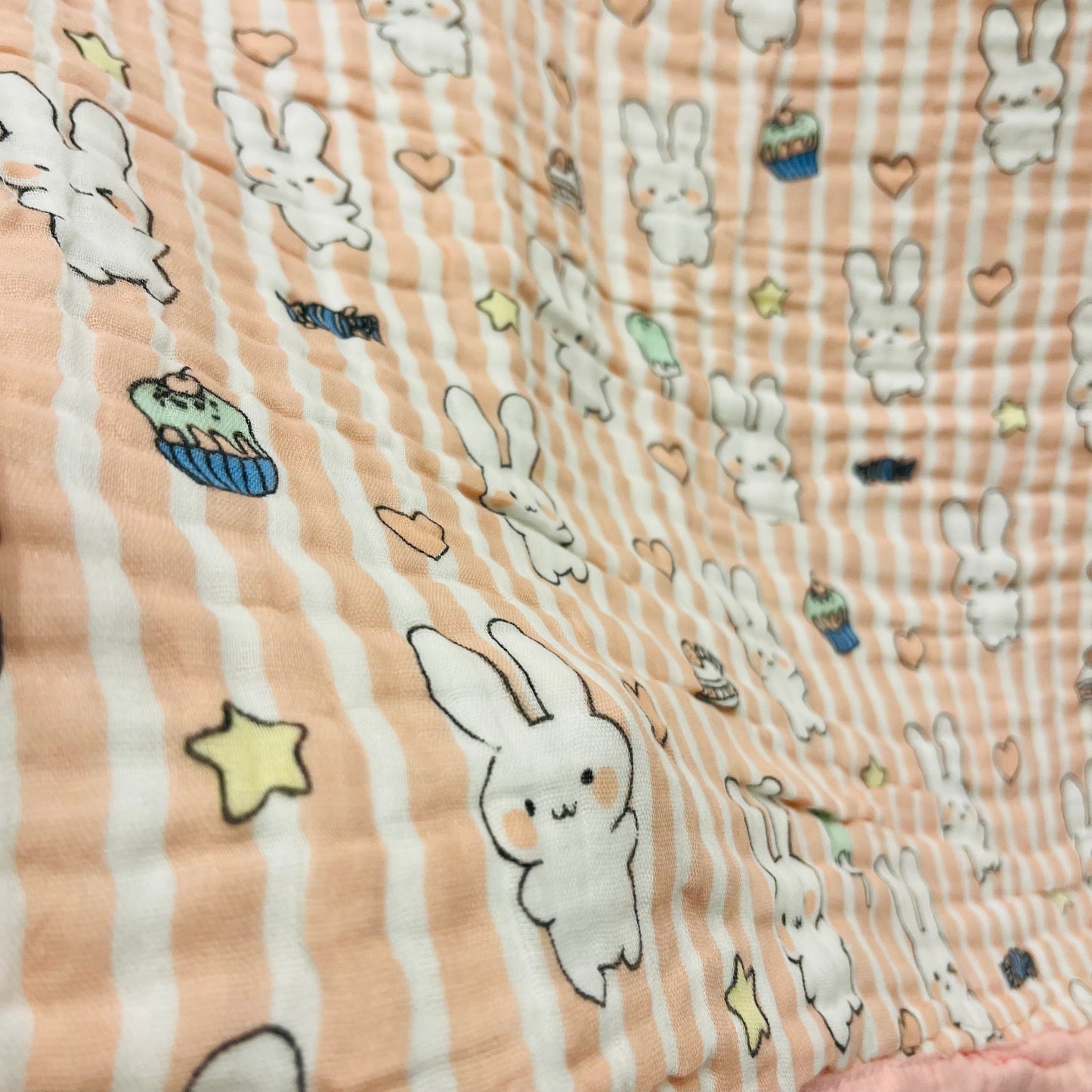 Baby Blanket | Organic Muslin Cotton - 6 -Layered | Pink Striped Bunny