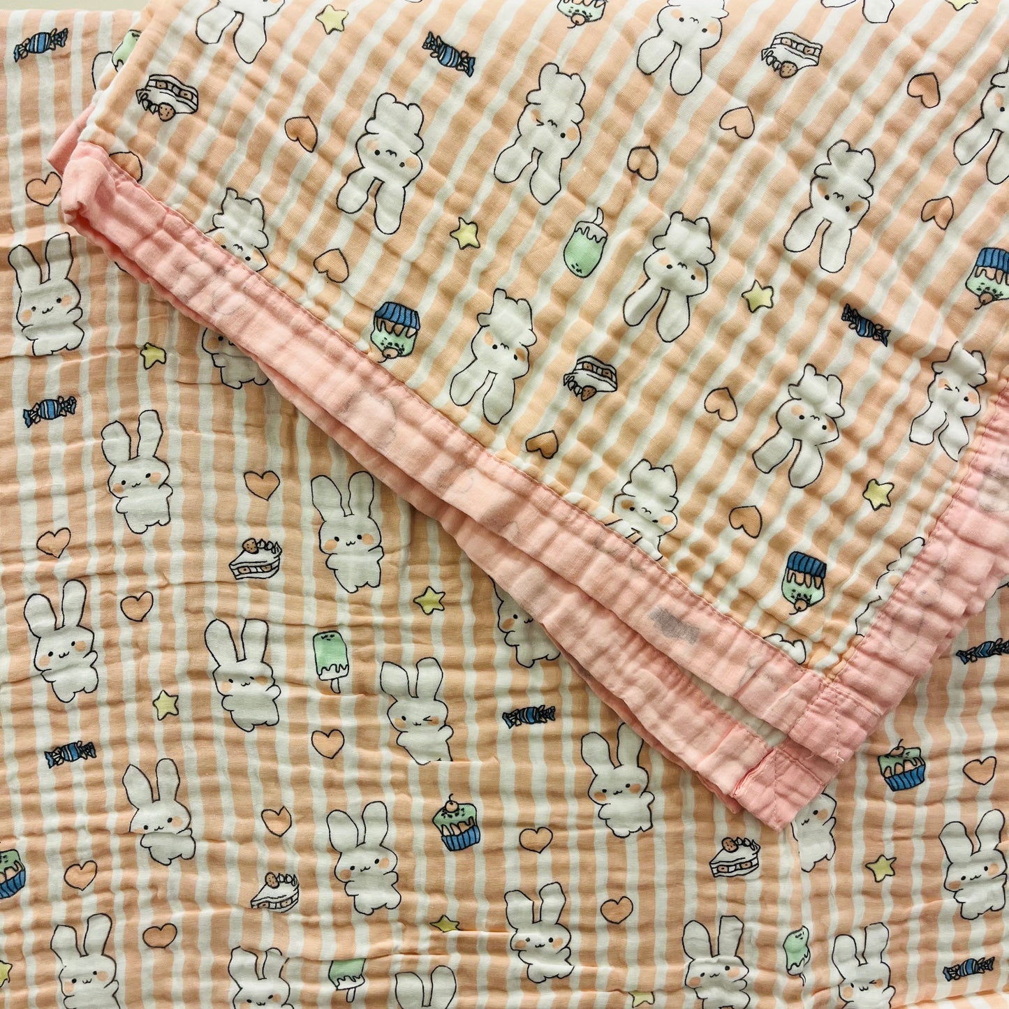 Baby Blanket | Organic Muslin Cotton - 6 -Layered | Pink Striped Bunny