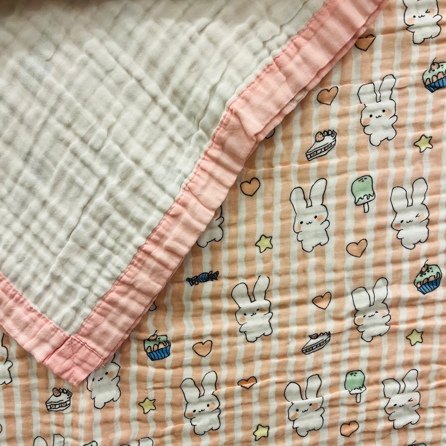 Baby Blanket | Organic Muslin Cotton - 6 -Layered | Pink Striped Bunny