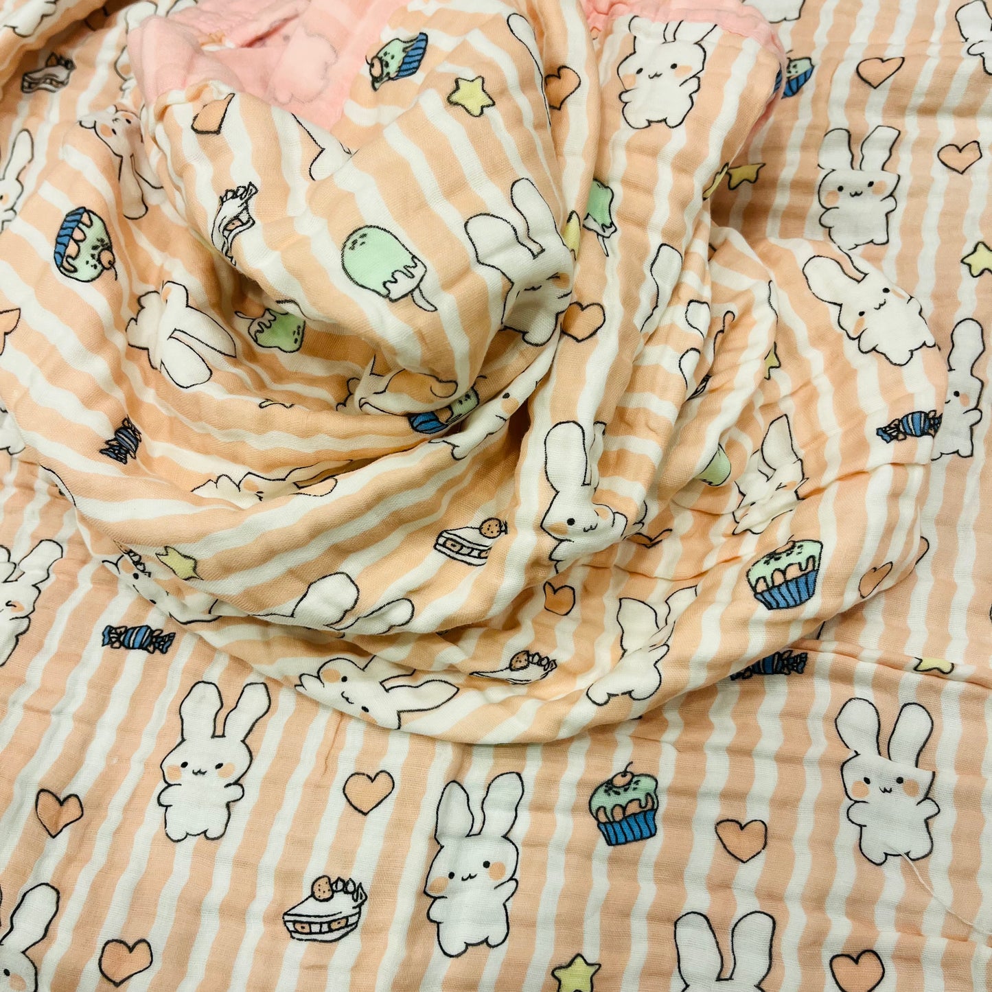 Baby Blanket | Organic Muslin Cotton - 6 -Layered | Pink Striped Bunny