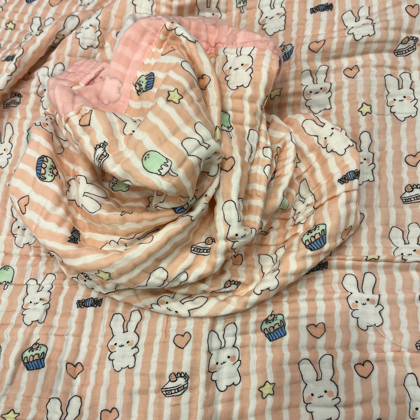 Baby Blanket | Organic Muslin Cotton - 6 -Layered | Pink Striped Bunny