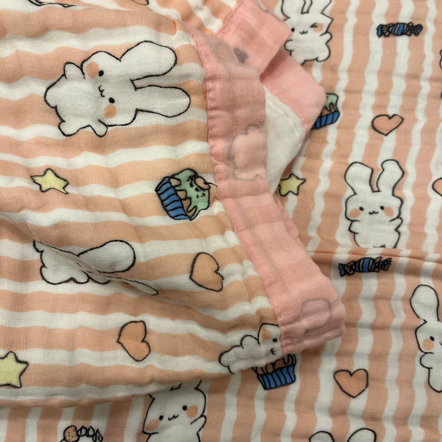 Baby Blanket | Organic Muslin Cotton - 6 -Layered | Pink Striped Bunny