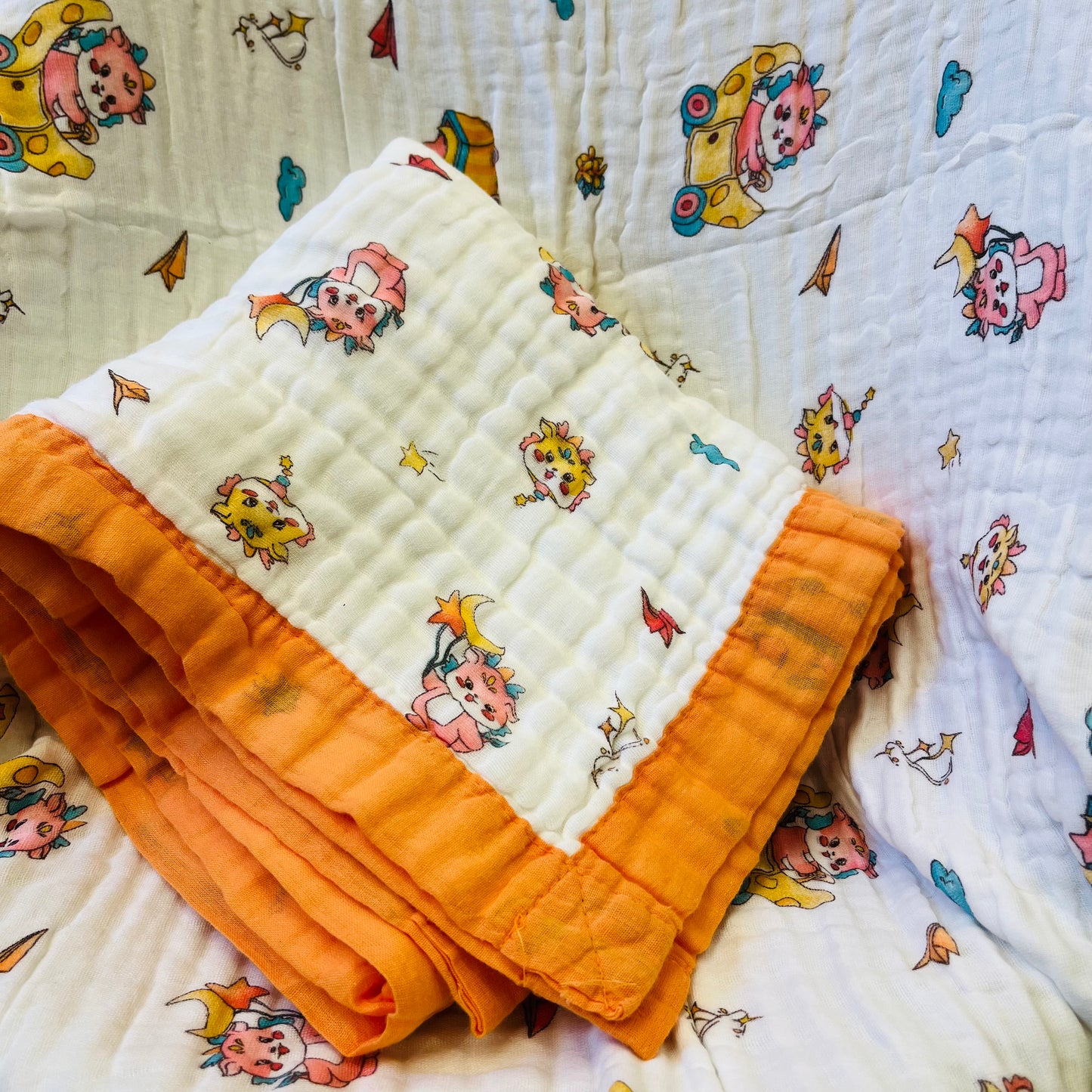Baby Blanket | Organic Muslin Cotton - 6 -Layered | Orange Moon Dragon