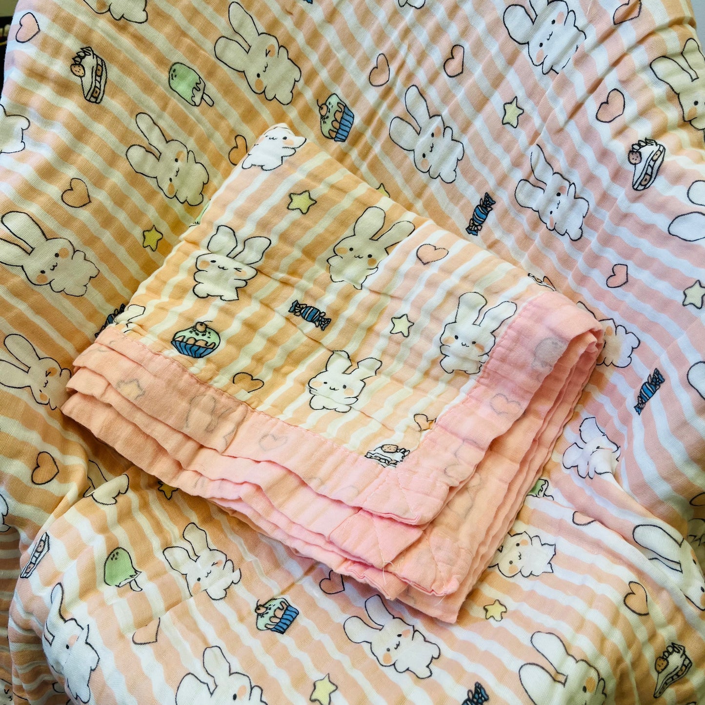 Baby Blanket | Organic Muslin Cotton - 6 -Layered | Pink Striped Bunny
