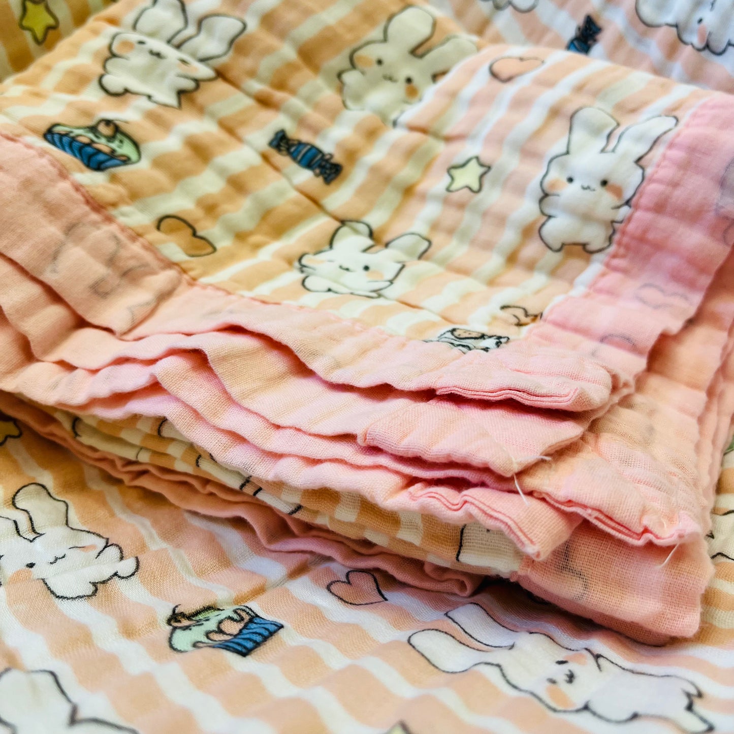 Baby Blanket | Organic Muslin Cotton - 6 -Layered | Pink Striped Bunny