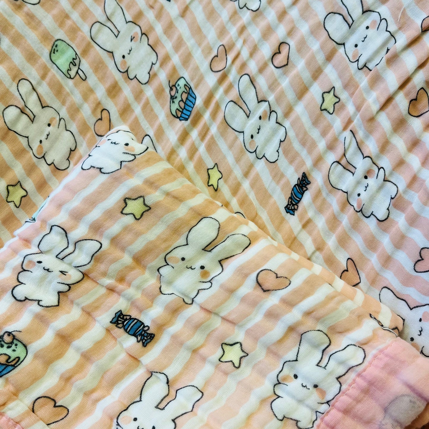 Baby Blanket | Organic Muslin Cotton - 6 -Layered | Pink Striped Bunny