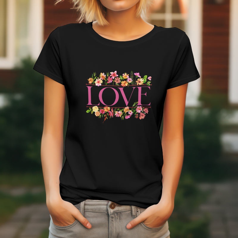 Women Cotton T-Shirt - LOVE Flowers