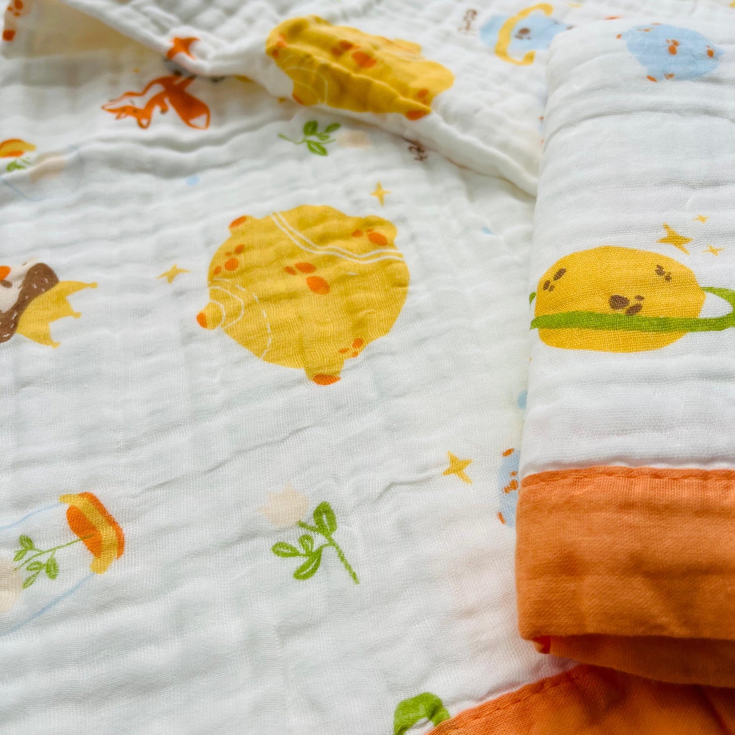 Baby Blanket | Organic Muslin Cotton - 6 Layered | Orange Sun & Fox