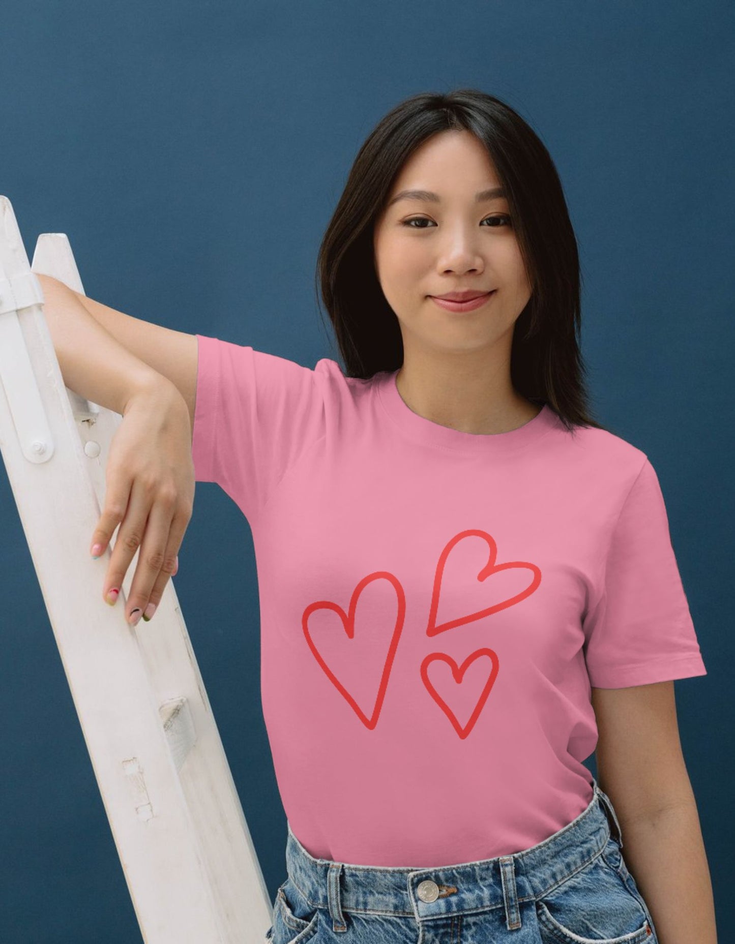 Women Cotton T-Shirt - Red Hearts