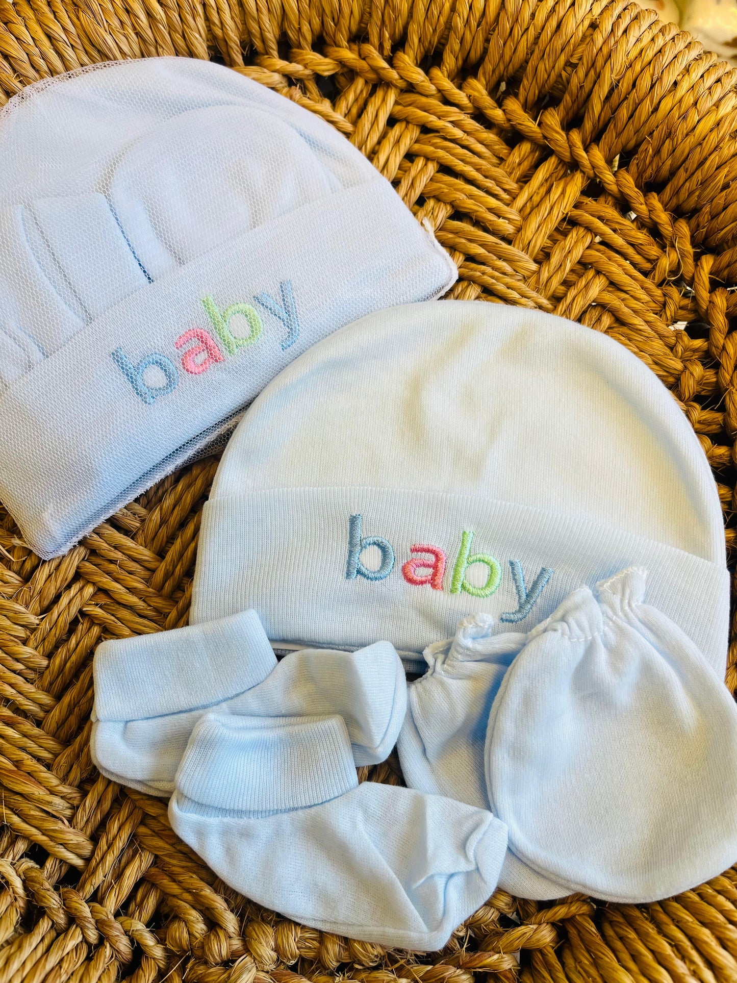 Cap and Mitten | Set of 2 | Pair of Socks, Gloves and Cap ( 0 - 12 Months) Blue and Mint Set