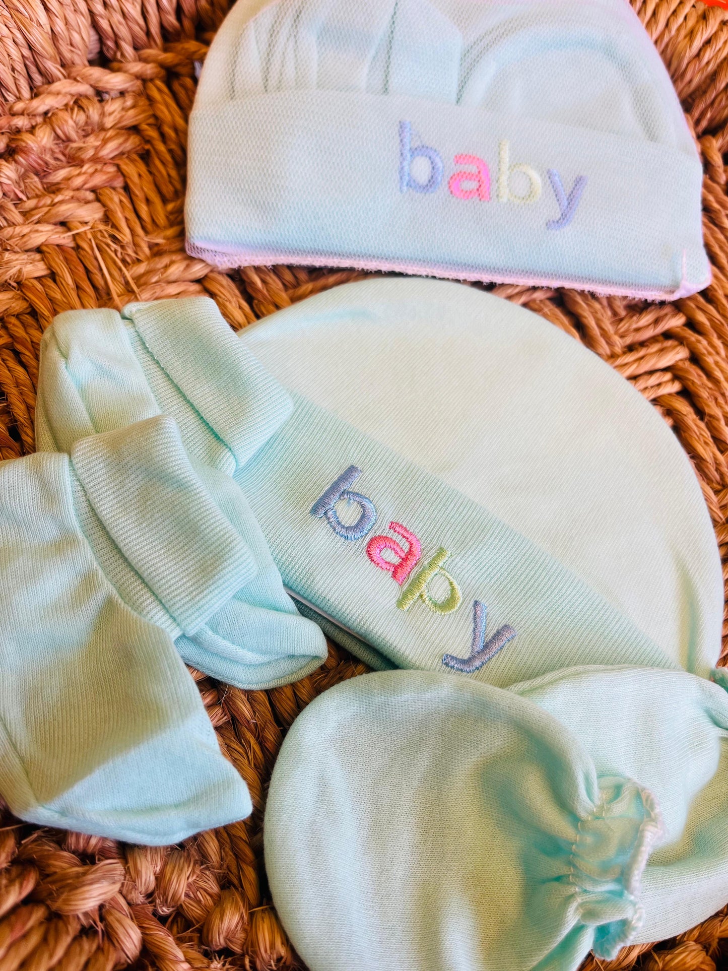 Cap and Mitten | Set of 2 | Pair of Socks, Gloves and Cap ( 0 - 12 Months) Blue and Mint Set