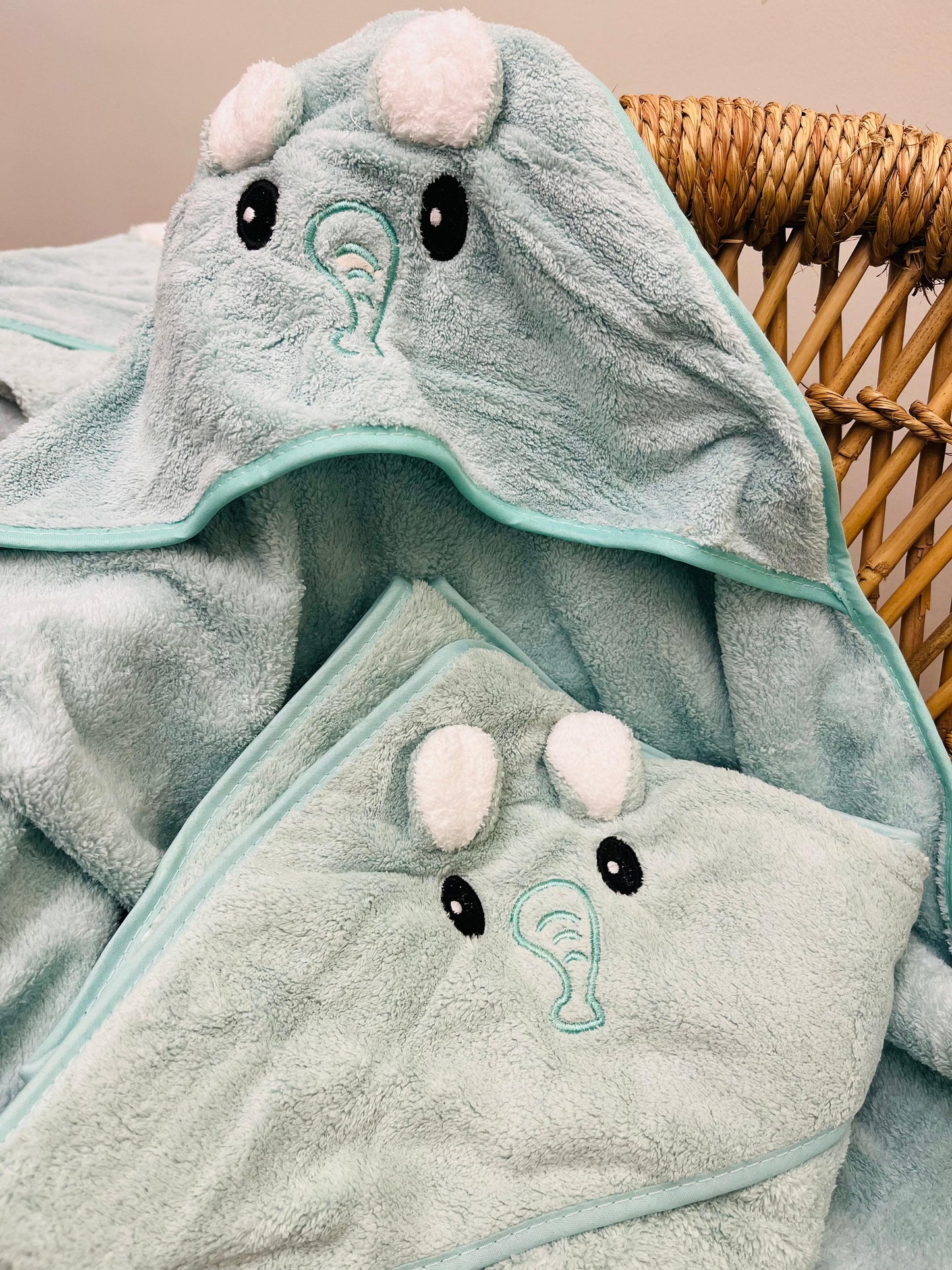 Green Elephant | Microfibre Cotton Cap Towel | Cozy | Skin-Friendly | (0 Months to 24 Months)