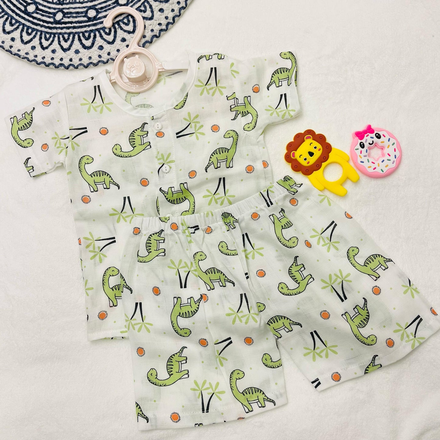 Pure Muslin Co-Ord Set | Button Shirt with Elastic Shorts | Pure Muslin | Baby Dino