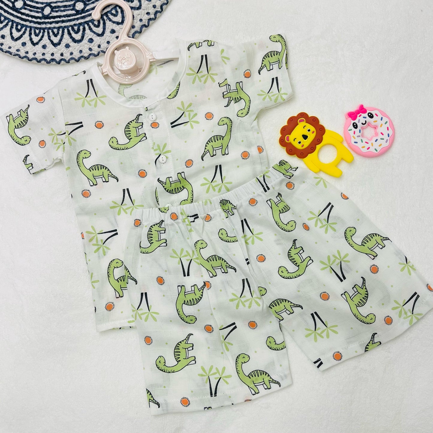 Pure Muslin Co-Ord Set | Button Shirt with Elastic Shorts | Pure Muslin | Baby Dino
