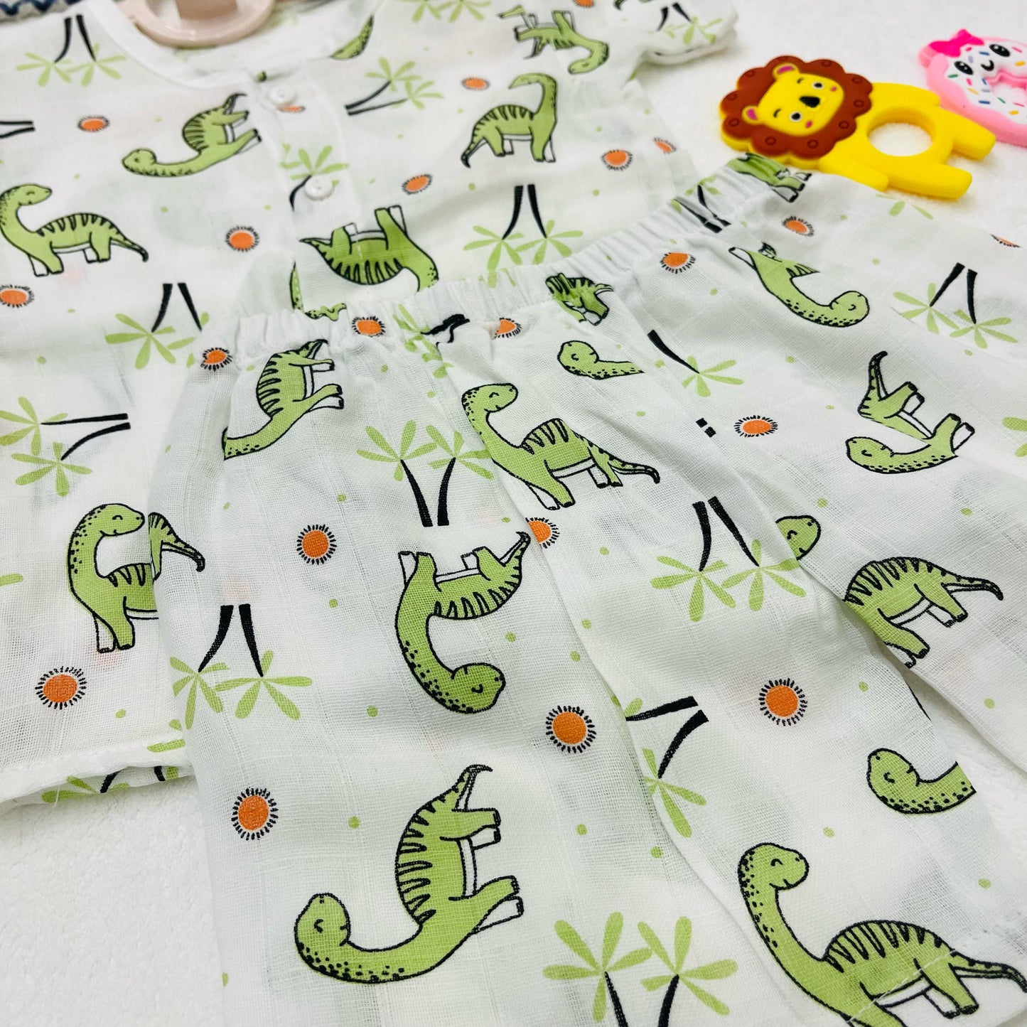 Pure Muslin Co-Ord Set | Button Shirt with Elastic Shorts | Pure Muslin | Baby Dino