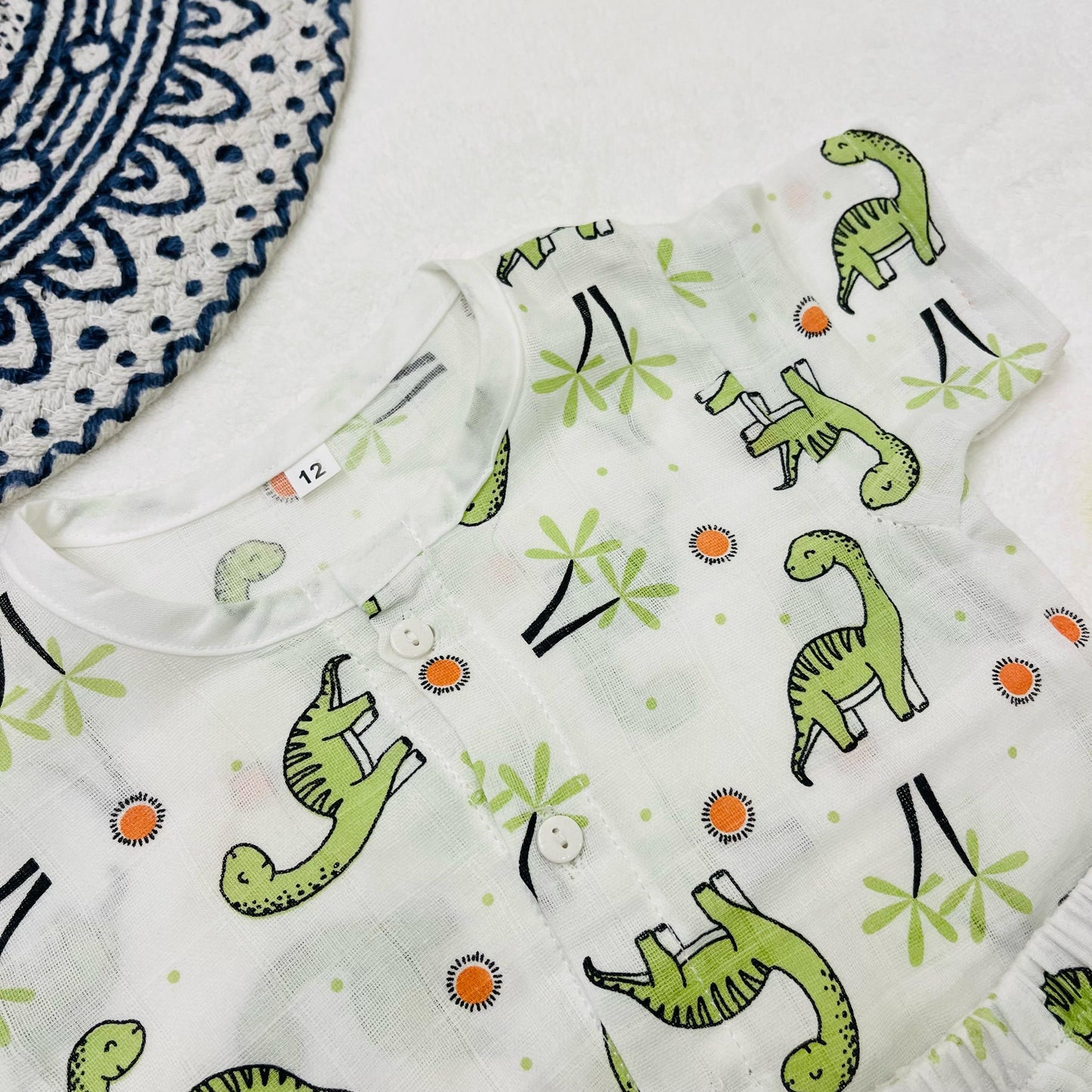 Pure Muslin Co-Ord Set | Button Shirt with Elastic Shorts | Pure Muslin | Baby Dino