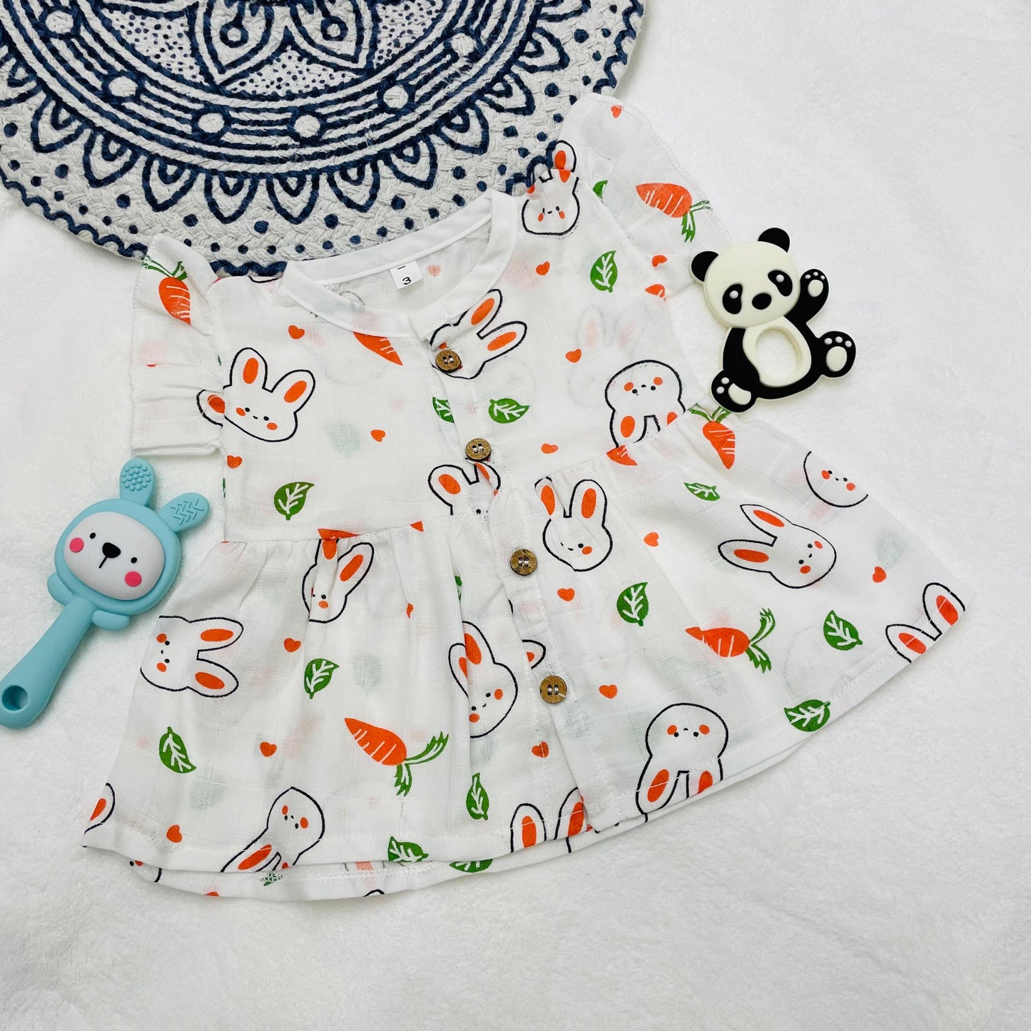 Frock | Pure Muslin | Button Type | 3 Months - 24 Months | Pure Muslin | Carrots & Bunnies