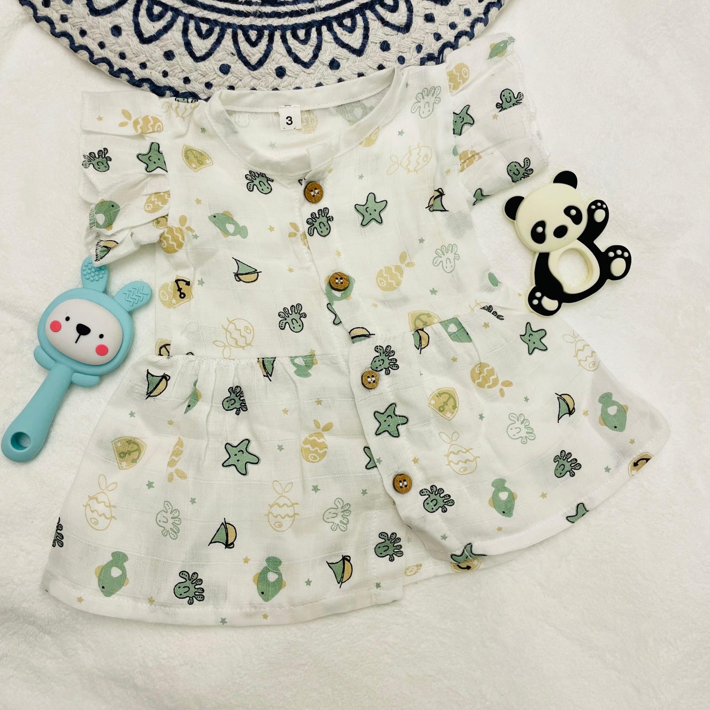 Frock | Pure Muslin | Button Type | 3 Months - 24 Months | Pure Muslin | Starfish & Boats