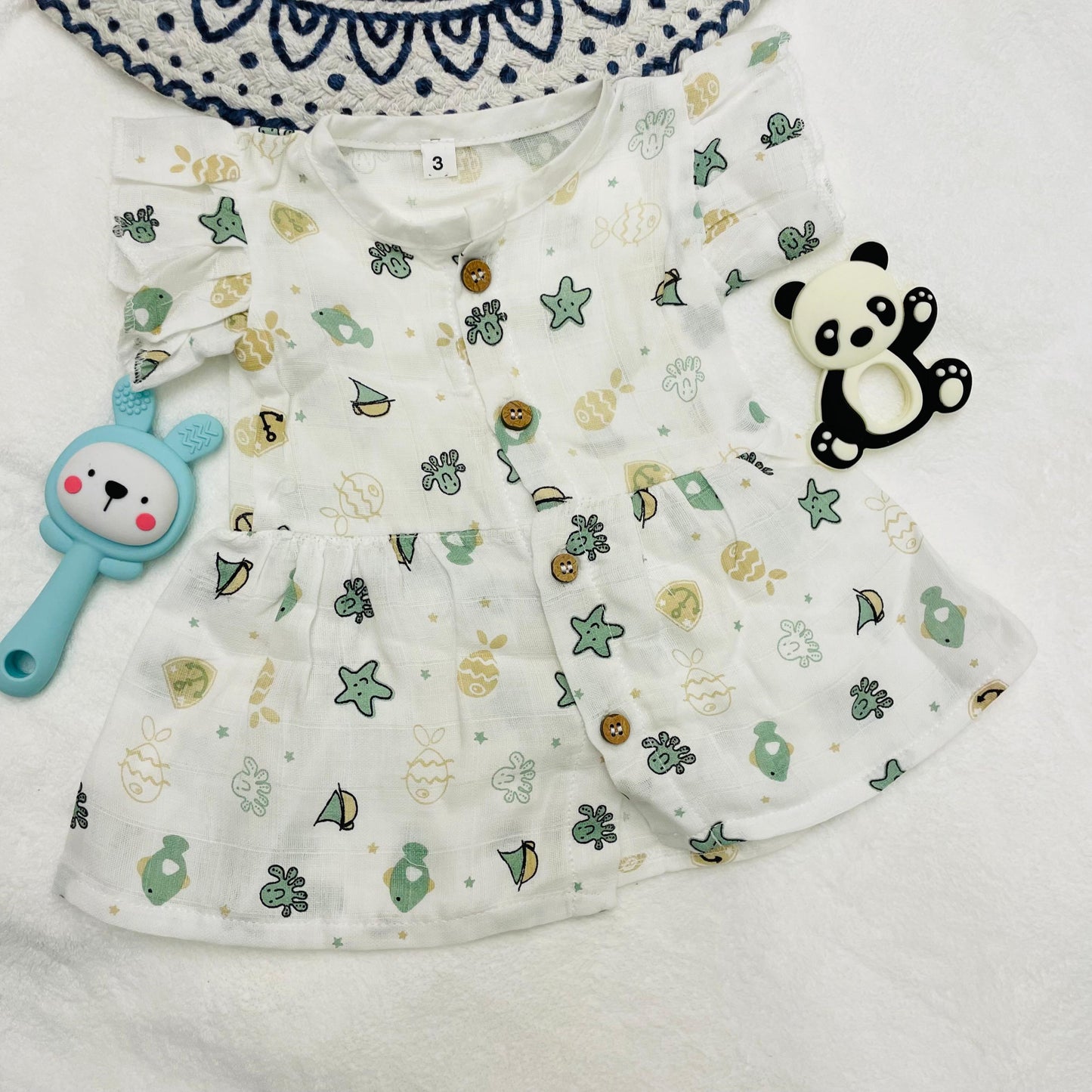 Frock | Pure Muslin | Button Type | 3 Months - 24 Months | Pure Muslin | Starfish & Boats