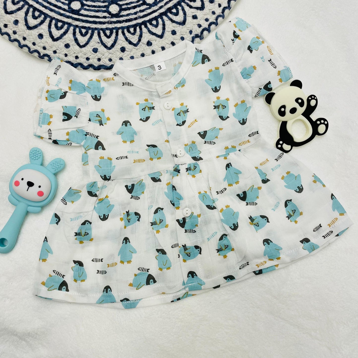 Frock | Pure Muslin | Button Type | 3 Months - 24 Months | Pure Muslin | Penguin
