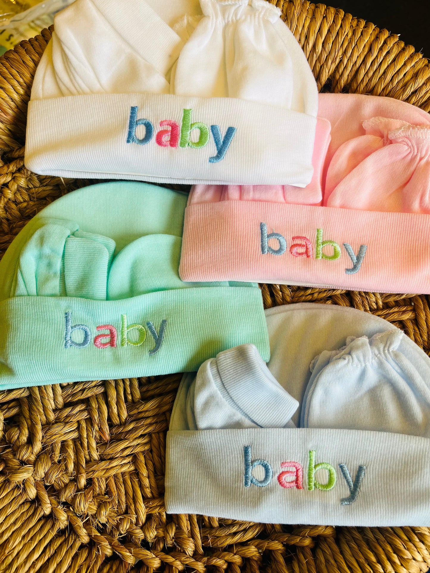 Cap and Mitten | Set of 2 | Pair of Socks, Gloves and Cap ( 0 - 12 Months) Blue and Mint Set