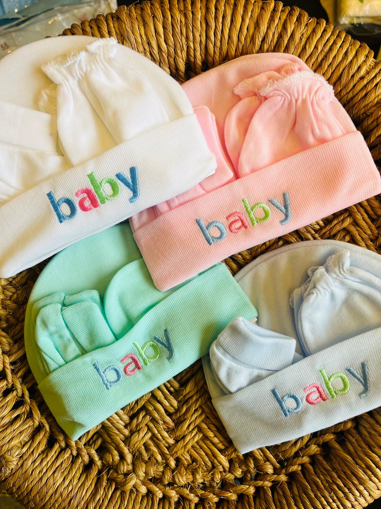 Cap and Mitten | Set of 2 | Pair of Socks, Gloves and Cap ( 0 - 12 Months) Blue and Mint Set