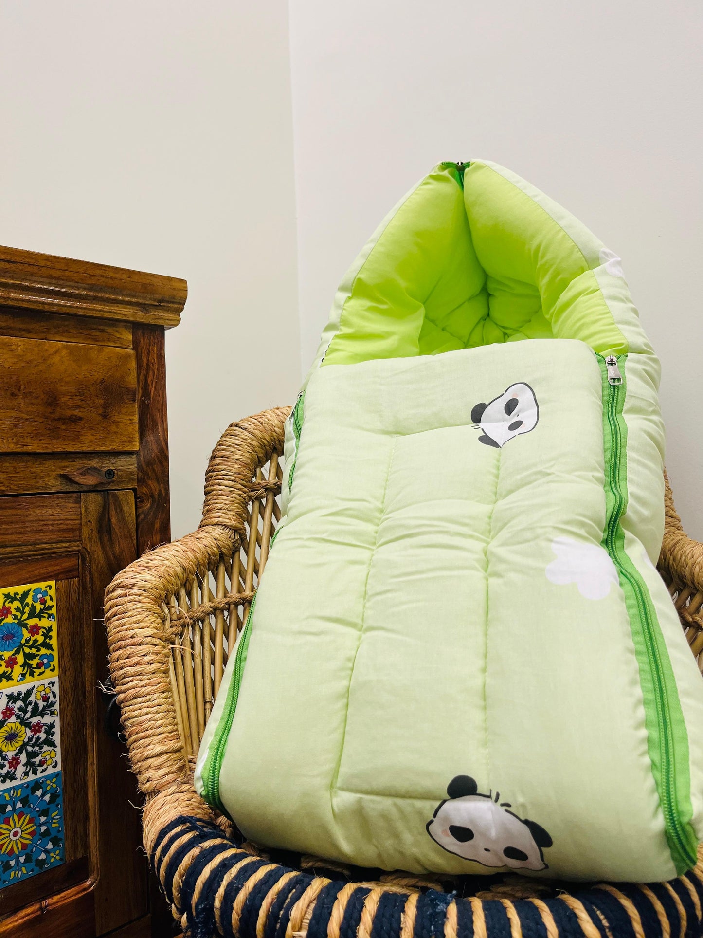 Baby carry Nest Bed | Panda Green | With Zip and Carrying Bag
