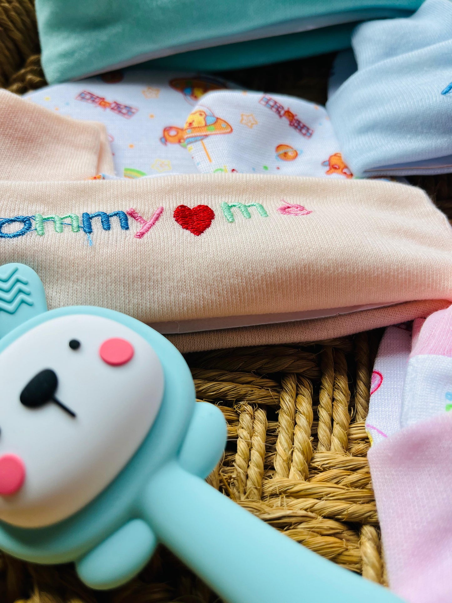 Cap and Mitten | Set of 4 | Pair of Socks, Gloves and Cap ( 0 - 12 Months) Printed Peach, Yellow, Blue and Mint Set