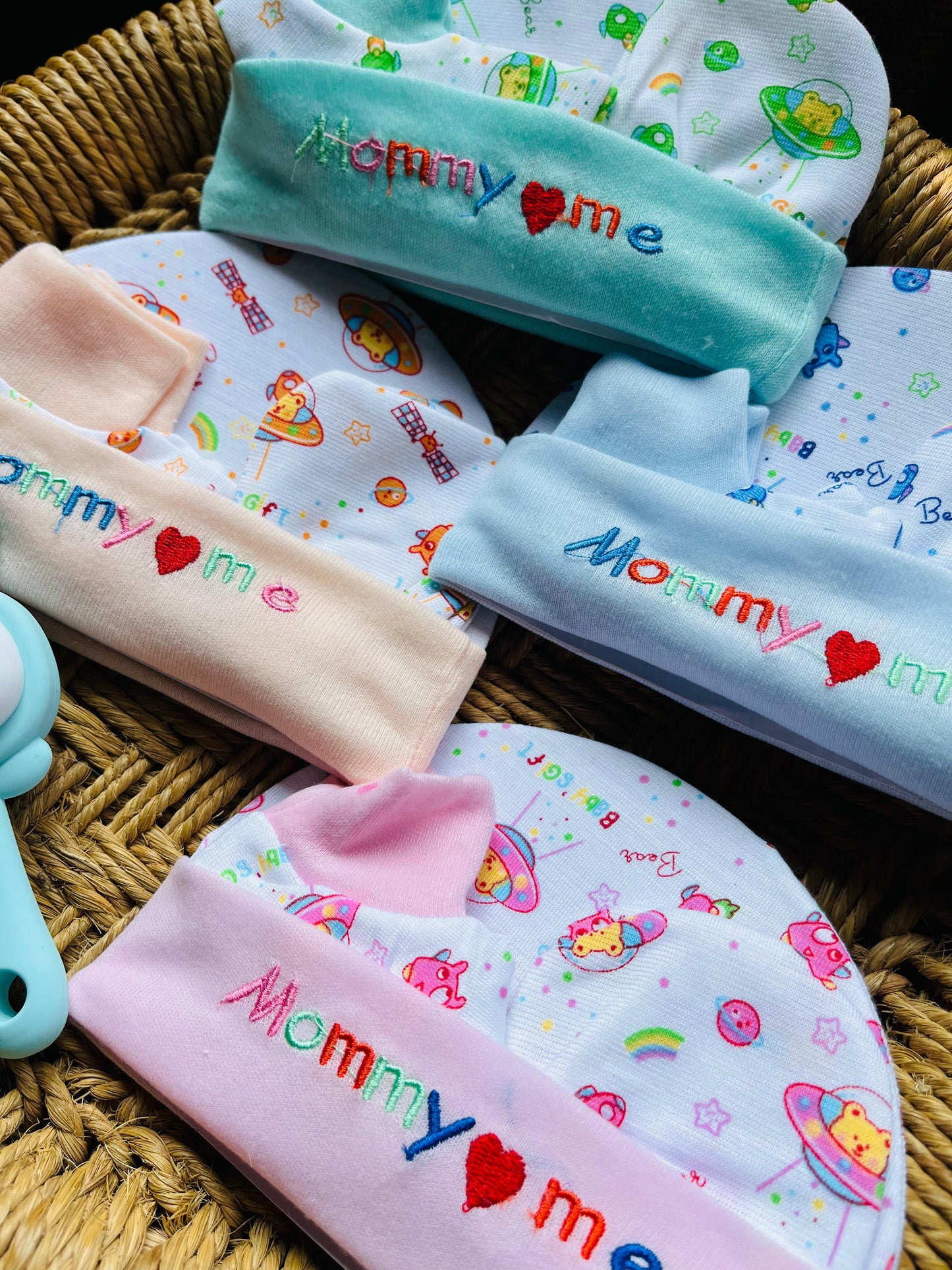Cap and Mitten | Set of 4 | Pair of Socks, Gloves and Cap ( 0 - 12 Months) Printed Peach, Yellow, Blue and Mint Set