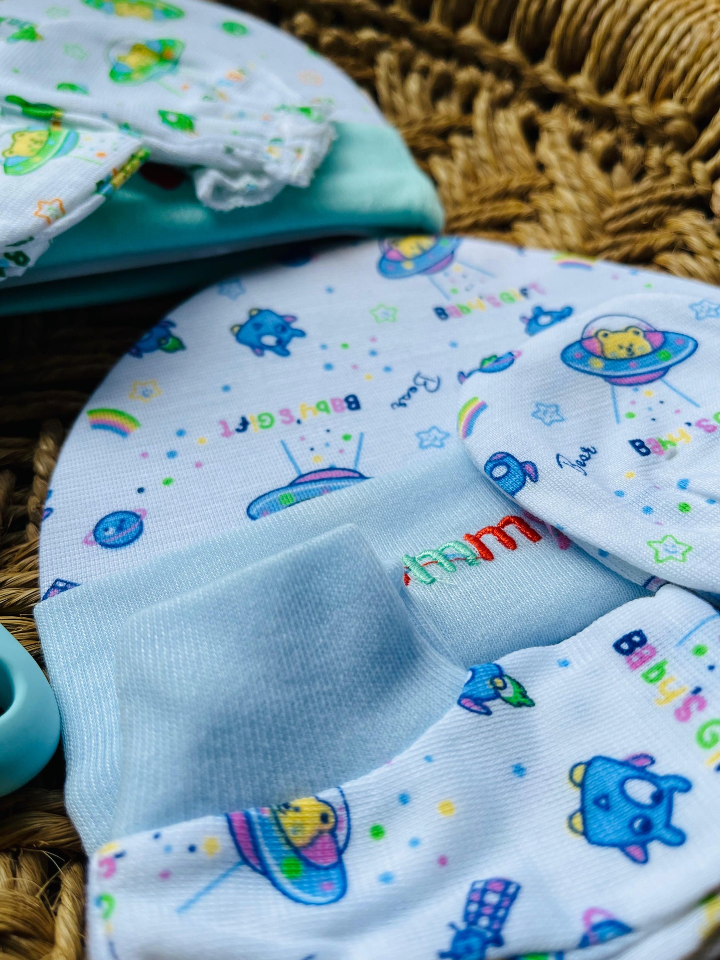 Cap and Mitten | Set of 4 | Pair of Socks, Gloves and Cap ( 0 - 12 Months) Printed Peach, Yellow, Blue and Mint Set