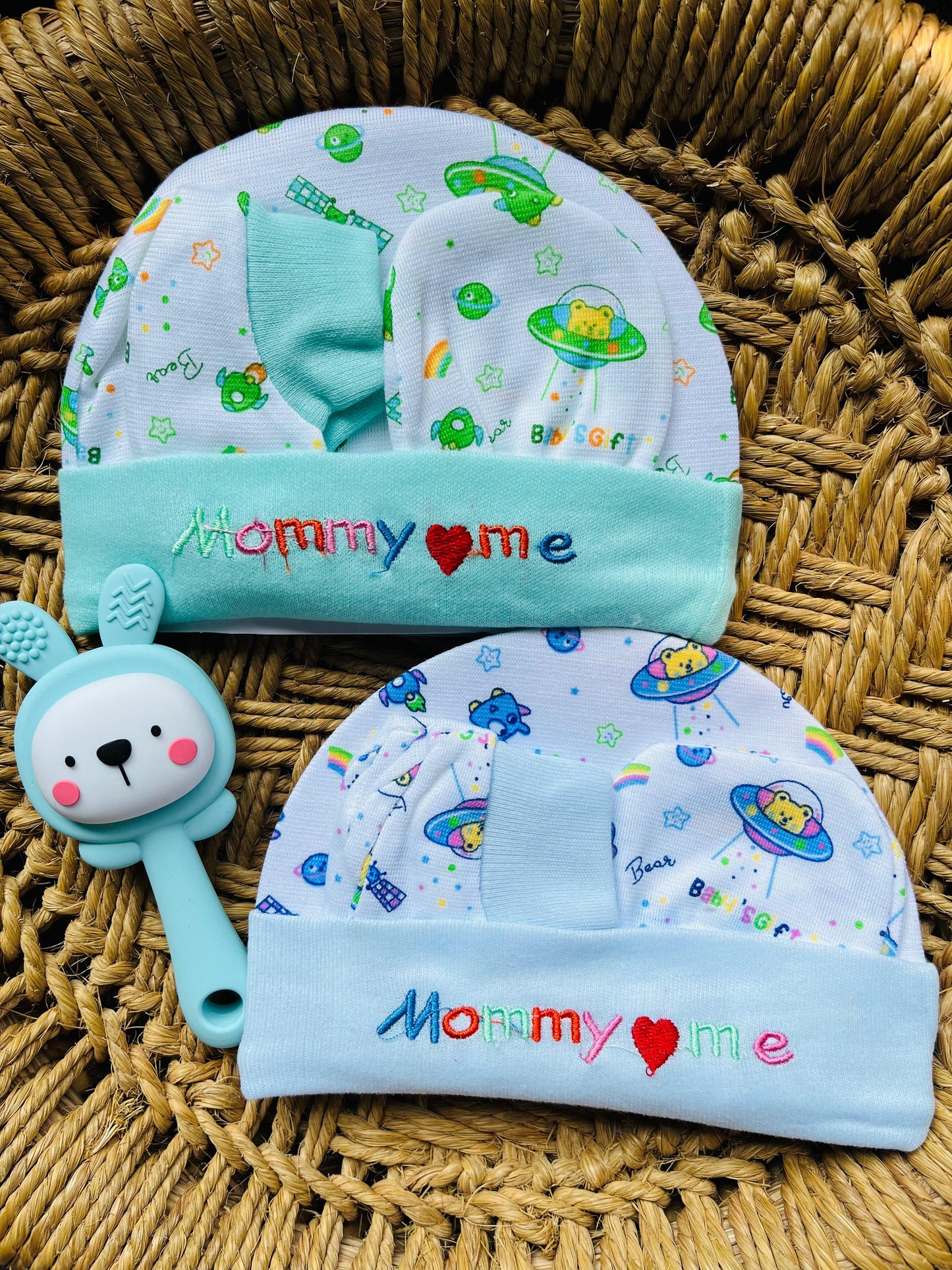 Cap and Mitten | Set of 4 | Pair of Socks, Gloves and Cap ( 0 - 12 Months) Printed Peach, Yellow, Blue and Mint Set