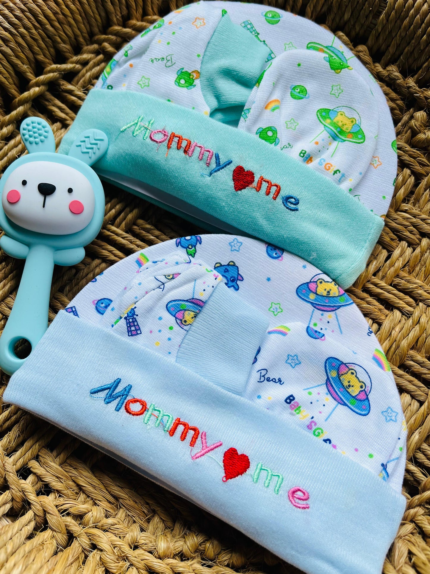 Cap and Mitten | Set of 4 | Pair of Socks, Gloves and Cap ( 0 - 12 Months) Printed Peach, Yellow, Blue and Mint Set