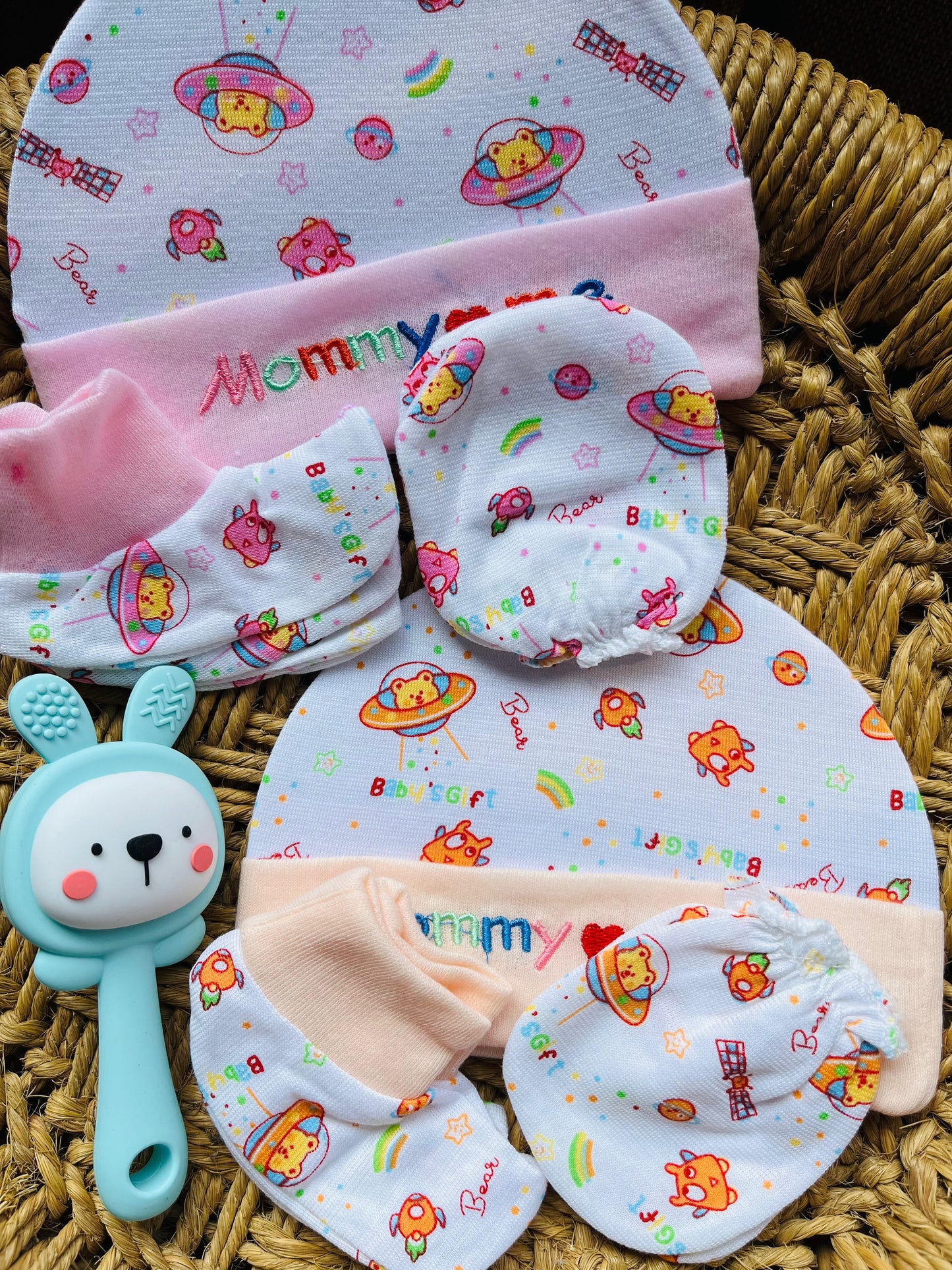 Cap and Mitten | Set of 4 | Pair of Socks, Gloves and Cap ( 0 - 12 Months) Printed Peach, Yellow, Blue and Mint Set