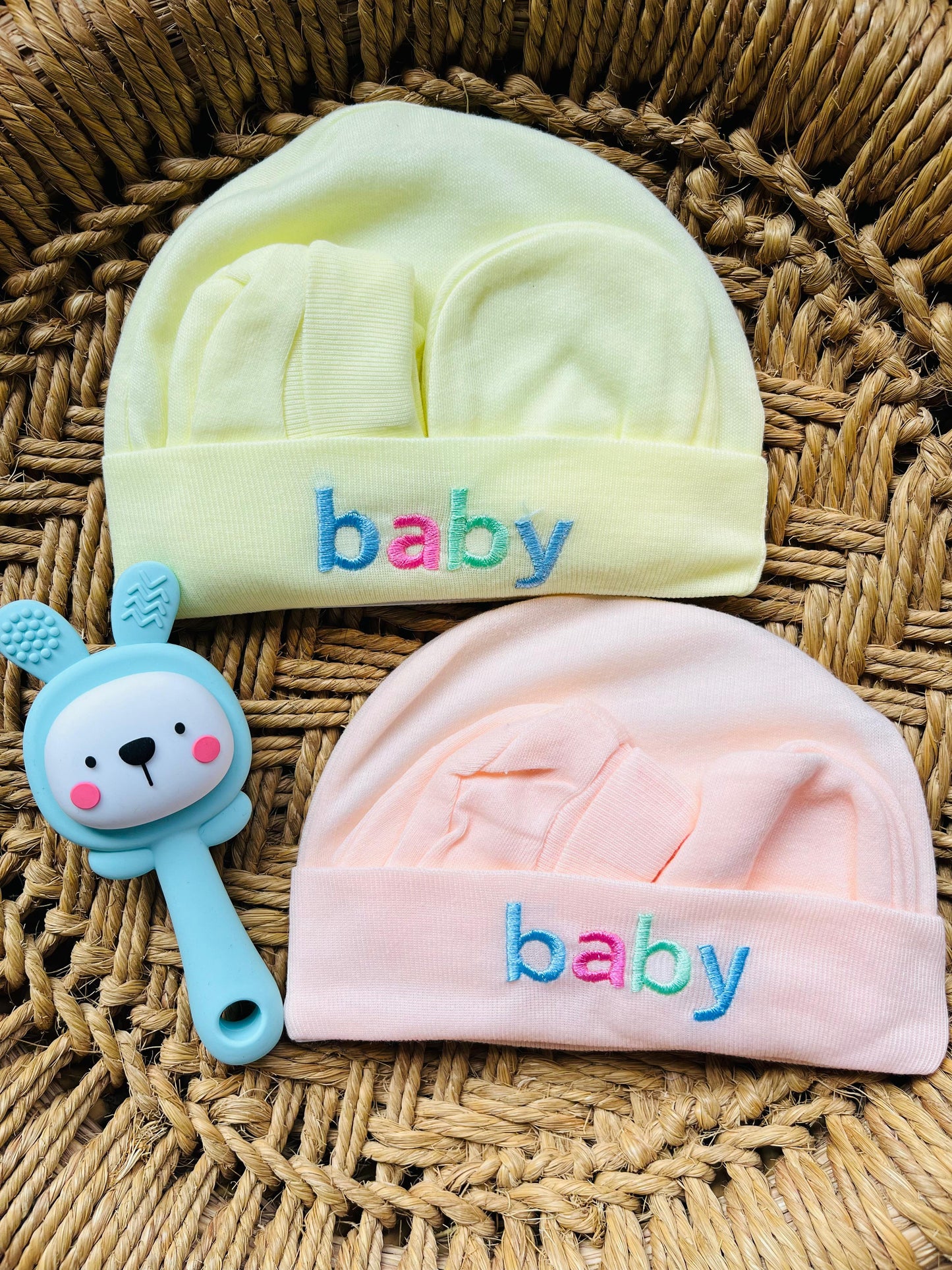 Cap and Mitten | Set of 4 | Pair of Socks, Gloves and Cap ( 0 - 12 Months) Peach, Yellow, Blue and Mint Set