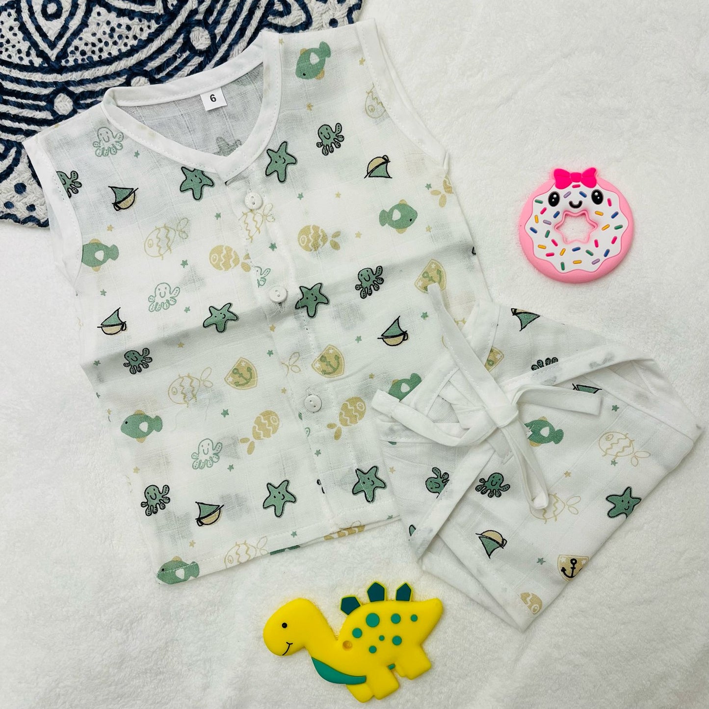 Pure Muslin Button Jabla & Padded Langot | 0-6 Months | Matching Set | Knot Padded Langot & Button Jabla | Starfish & Boats