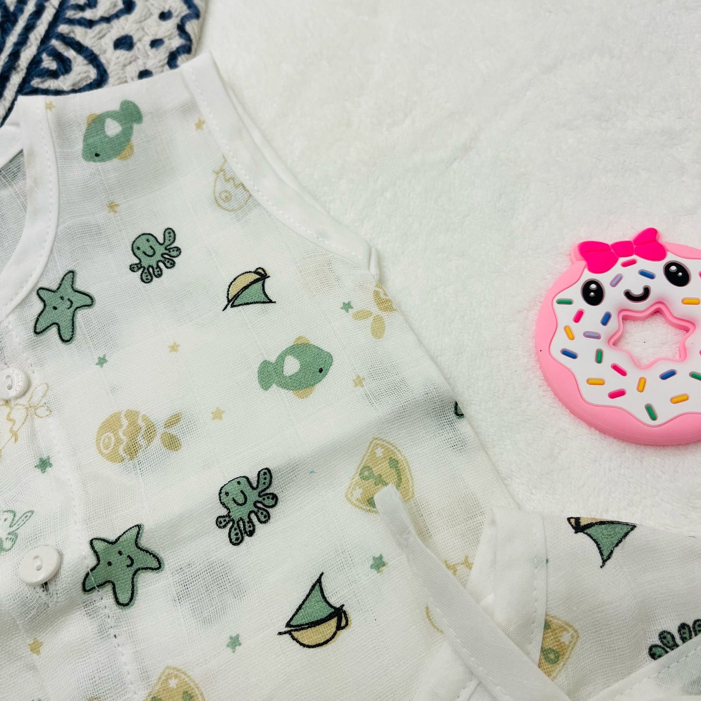 Pure Muslin Button Jabla & Padded Langot | 0-6 Months | Matching Set | Knot Padded Langot & Button Jabla | Starfish & Boats
