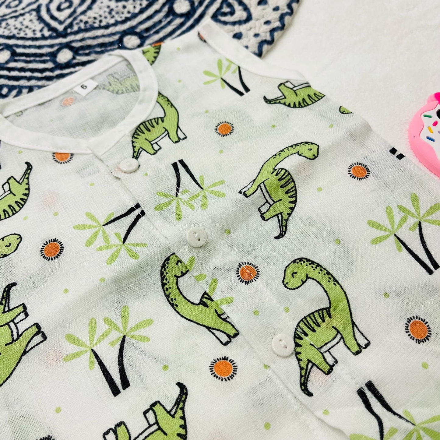 Pure Muslin Button Jabla & Padded Langot | 0-6 Months | Matching Set | Knot Padded Langot & Button Jabla | Little Dino | Unisex