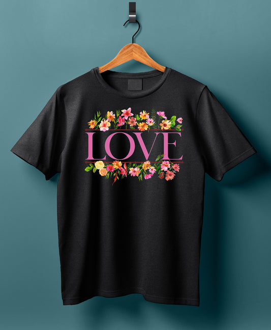 Women Cotton T-Shirt - LOVE Flowers