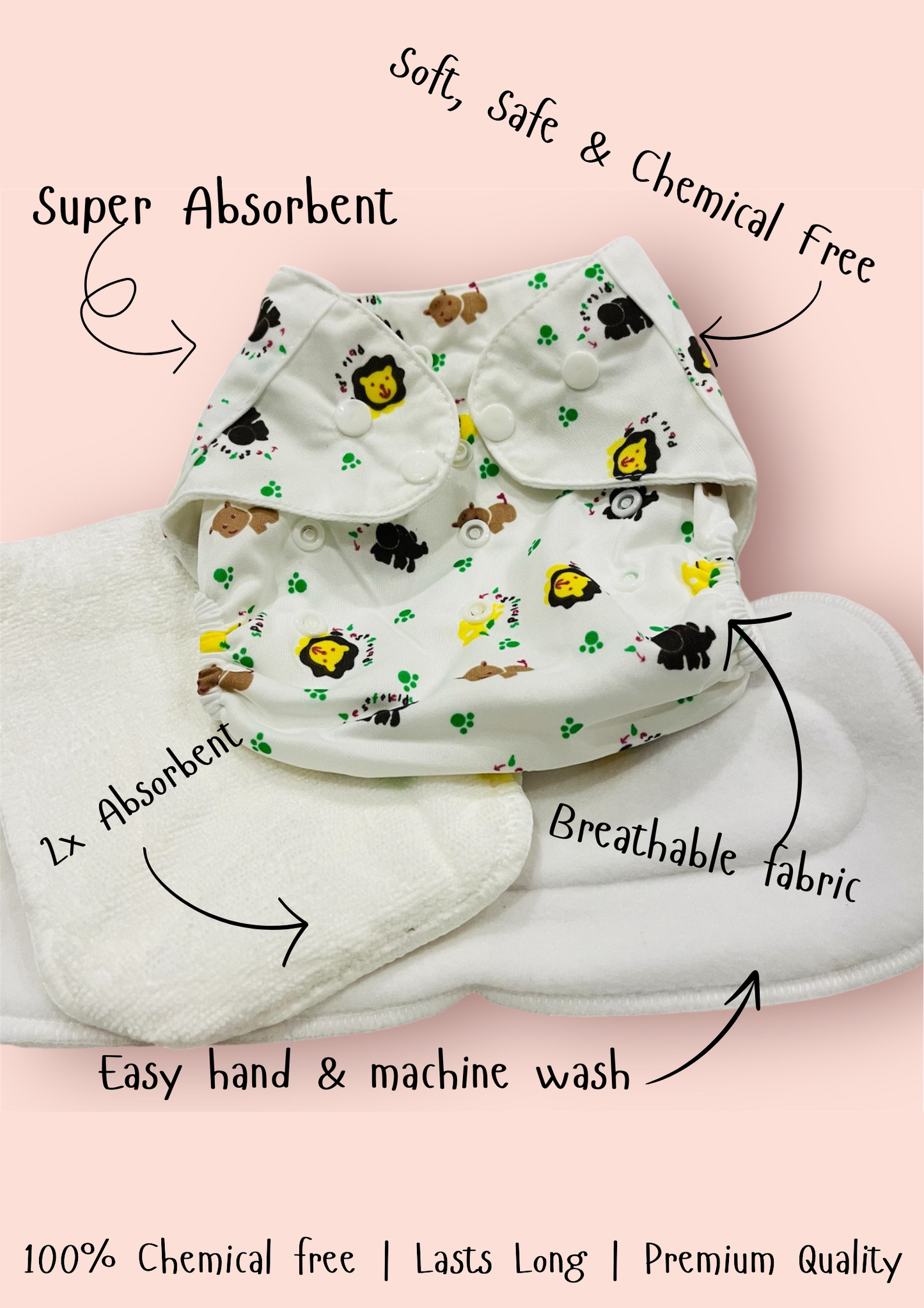 Reusable Diaper - Yellow Bear | Comes with 1 Reusable Pad | (0 Months to 36 Months)