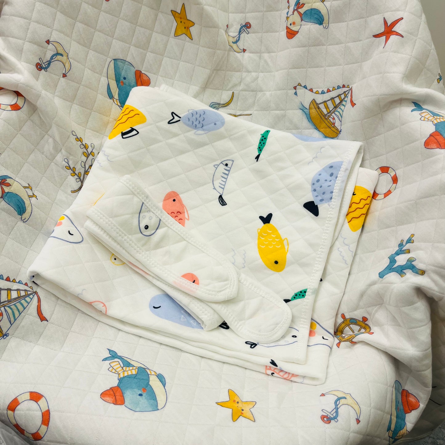 Eco - Muslin Cotton Hooded Blanket cum Towel | Fish & Aqua | (0 Months to 30 Months)