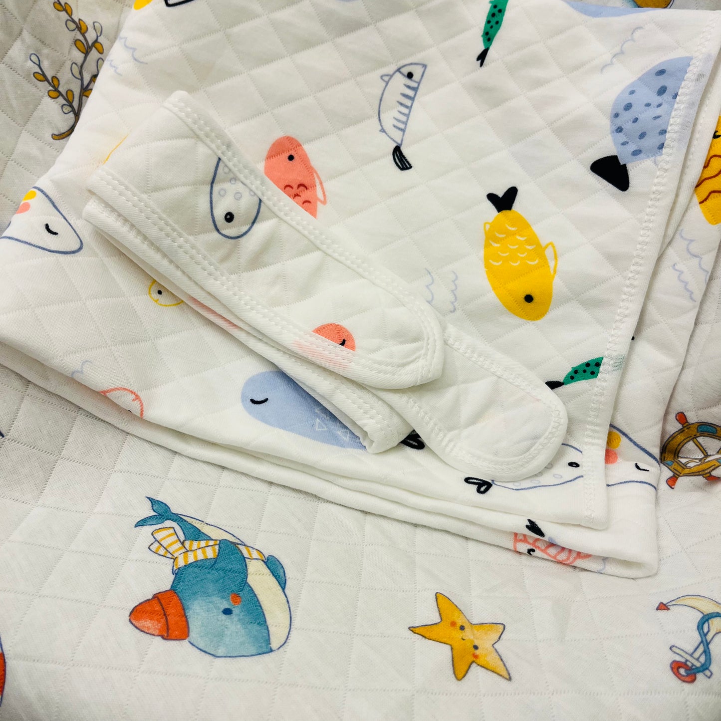 Eco - Muslin Cotton Hooded Blanket cum Towel | Fish & Aqua | (0 Months to 30 Months)
