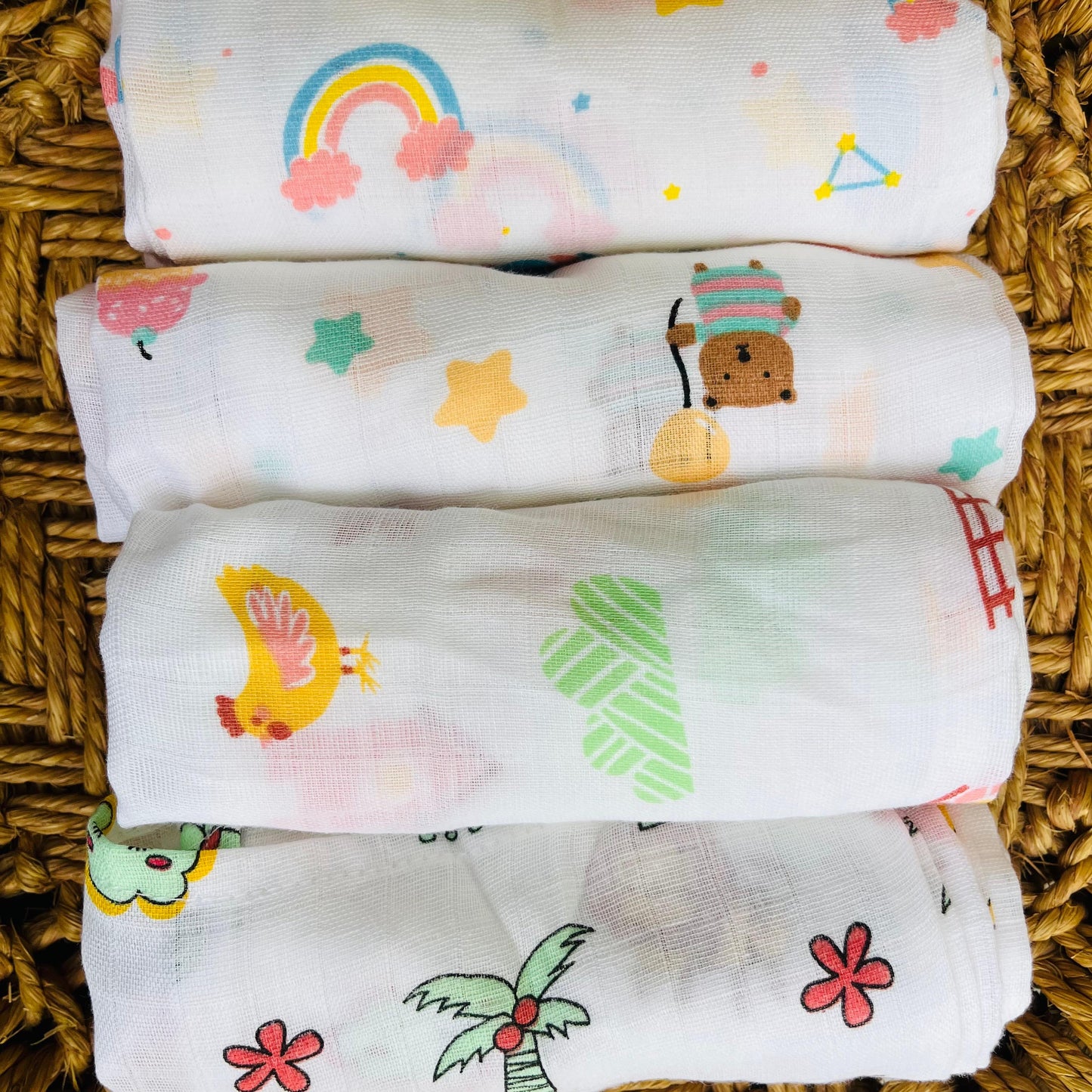 Organic Muslin Cotton Baby Towel | Set of 3 | Assorted Prints | 90 x 50 Cms