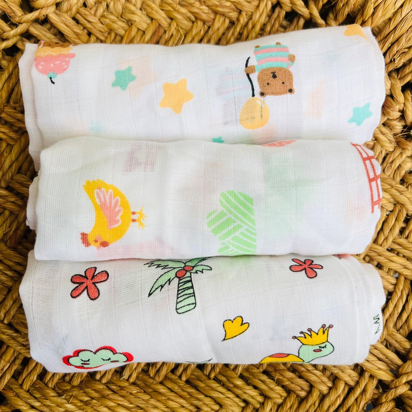 Organic Muslin Cotton Baby Towel | Set of 3 | Assorted Prints | 90 x 50 Cms
