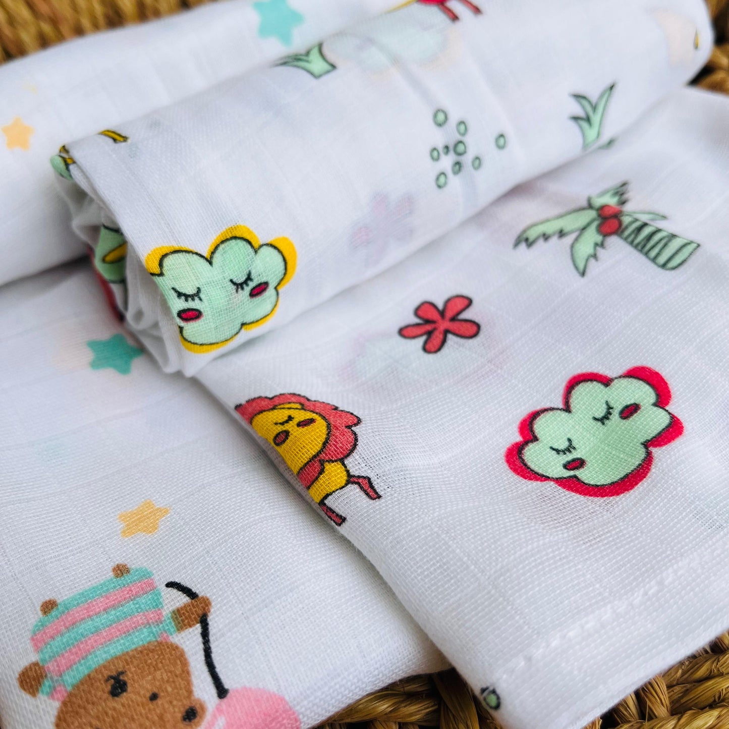 Organic Muslin Cotton Baby Towel | Set of 3 | Assorted Prints | 90 x 50 Cms