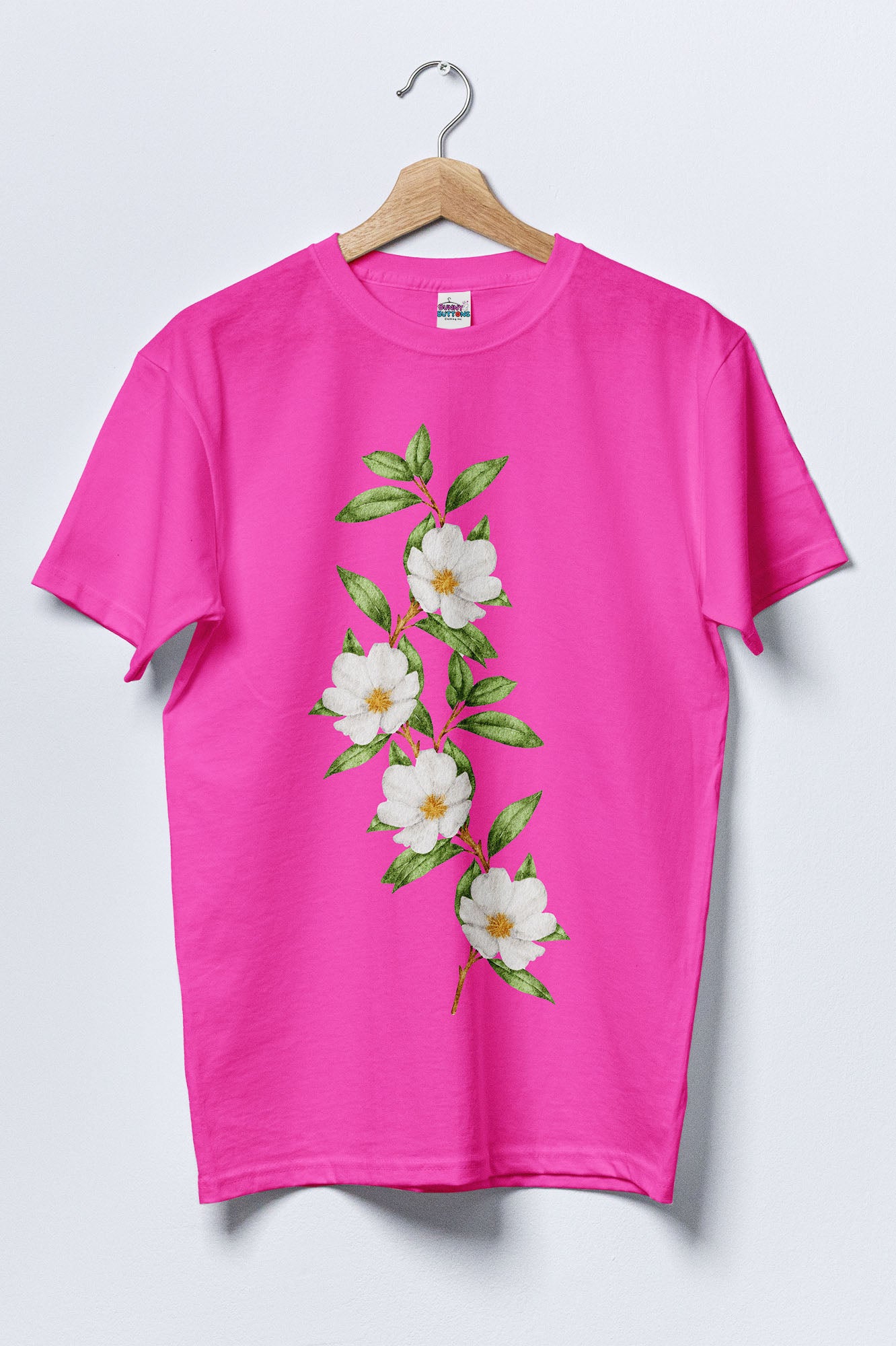 Women Cotton T-Shirt - White flower Art - Pink / XS