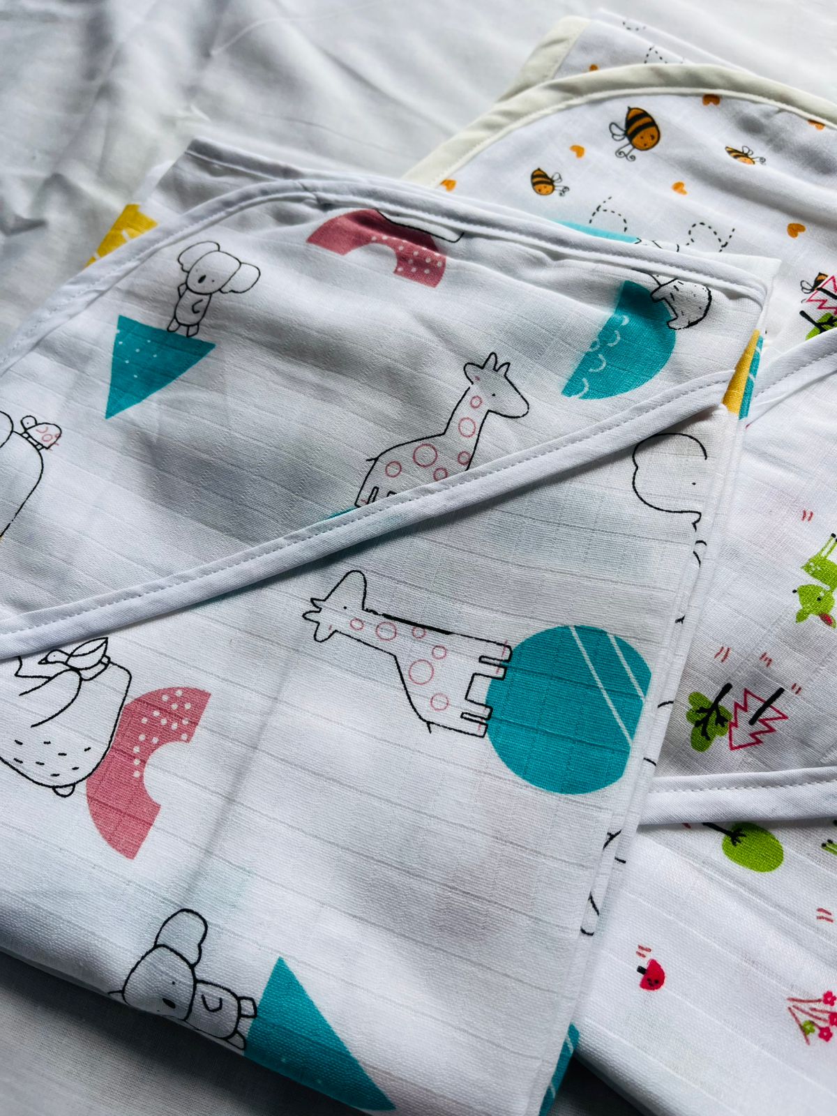 Muslin Hooded Baby Blanket/Towel | Organic | Pure Muslin | White, Assorted Designs