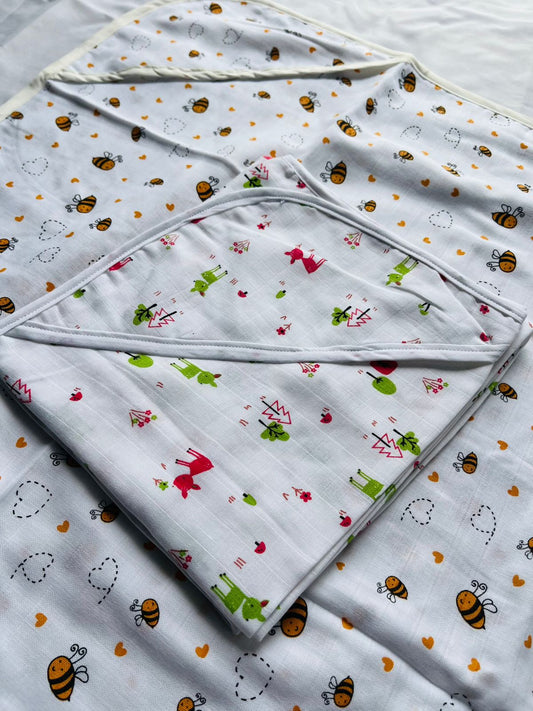 Muslin Hooded Baby Blanket/Towel | Organic | Pure Muslin | White, Assorted Designs